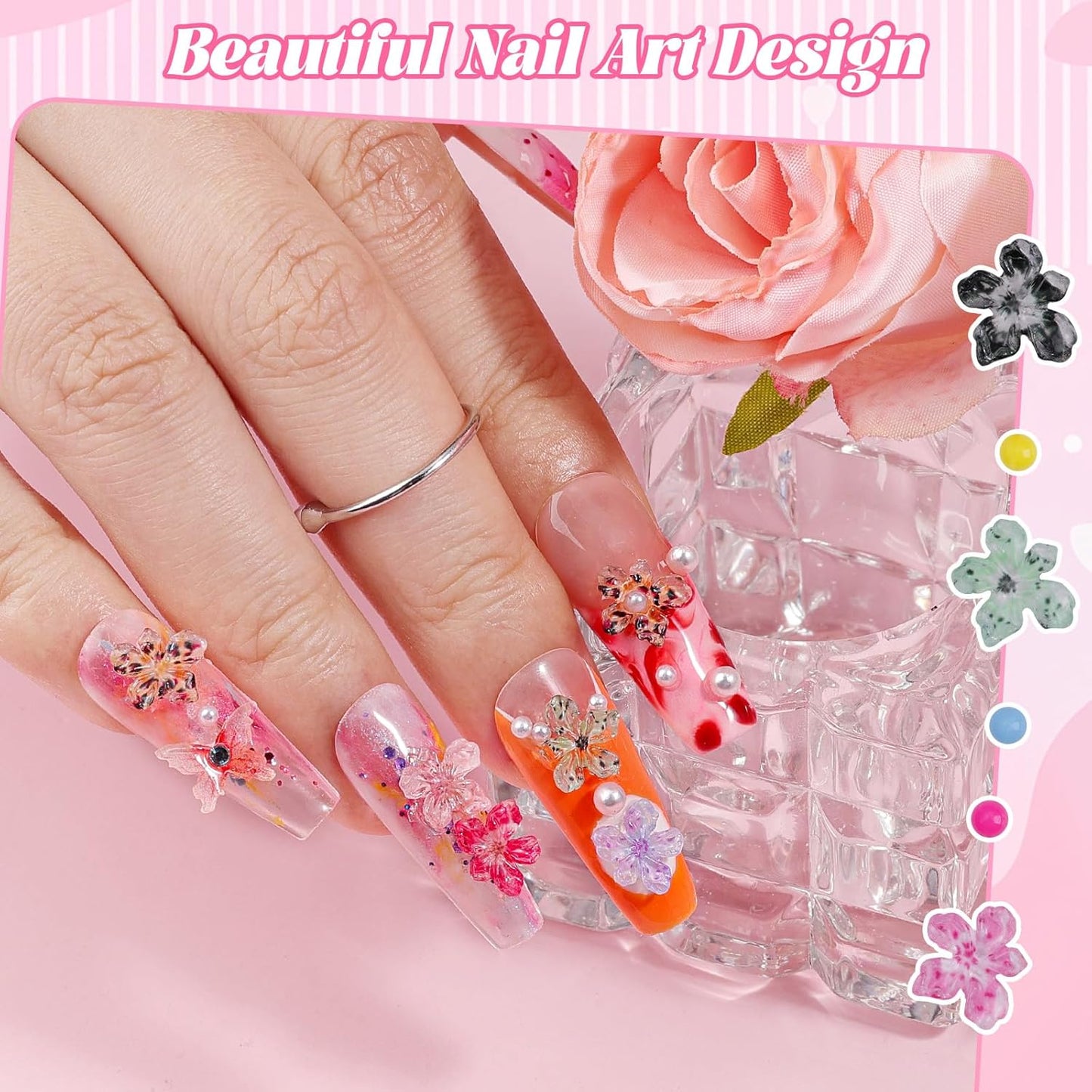 300Pcs Flower Nail Charms Kit, 100Pcs 3D Jelly Mini Hawaii Flowers Charms and 100Pcs Nail Pearls with 100Pcs Macaron Beads, Colorful Hibiscus Floral Tiny Gems Round Beads for Nails Design