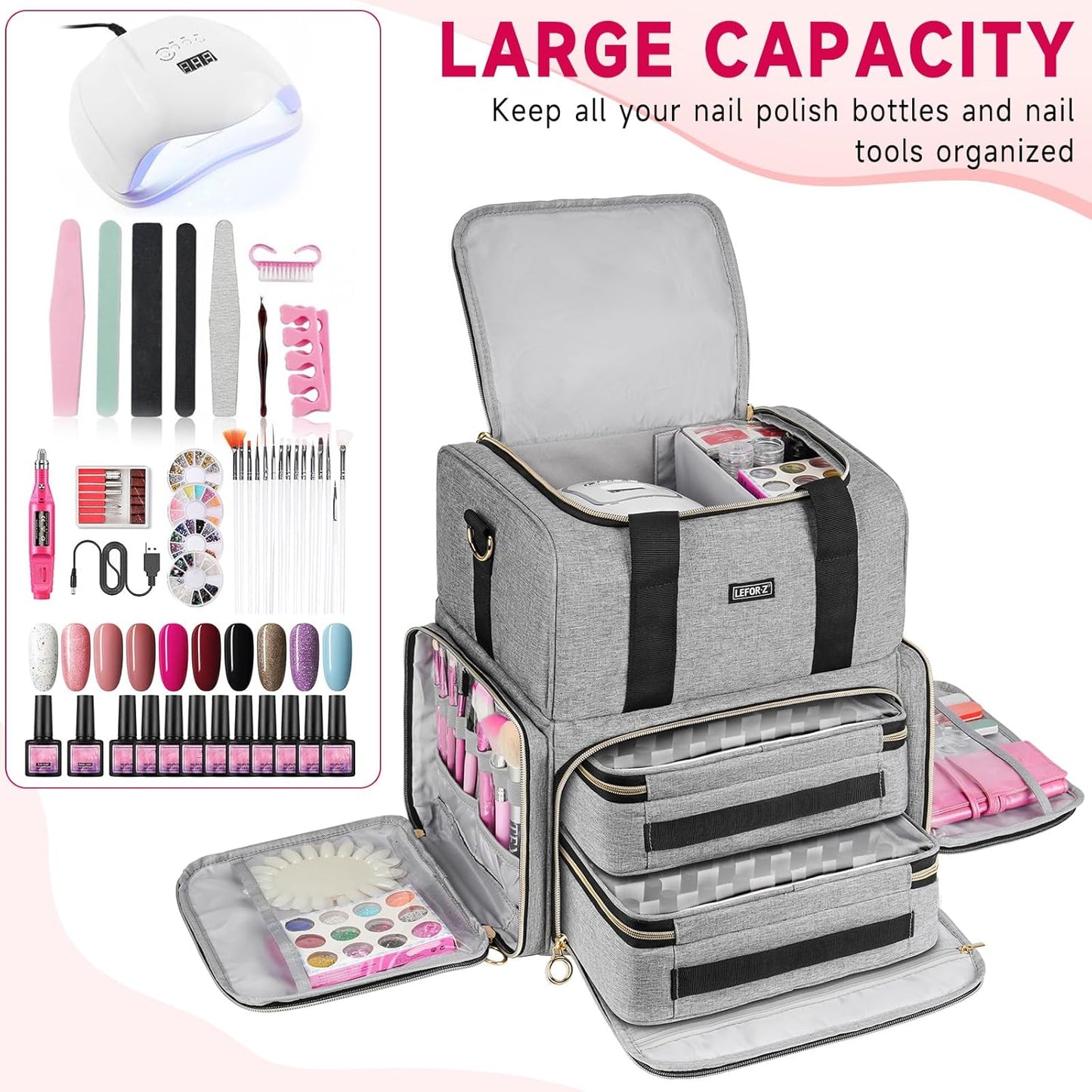 Nail Polish Organizer Holds 80 Bottles and a Lamp,Nail Polish Carrying Case with 2 Removable Bags,Nail Organizers and Storage for Nail Tech,Portable Nail Polish Holder for Nail Supplies,Grey