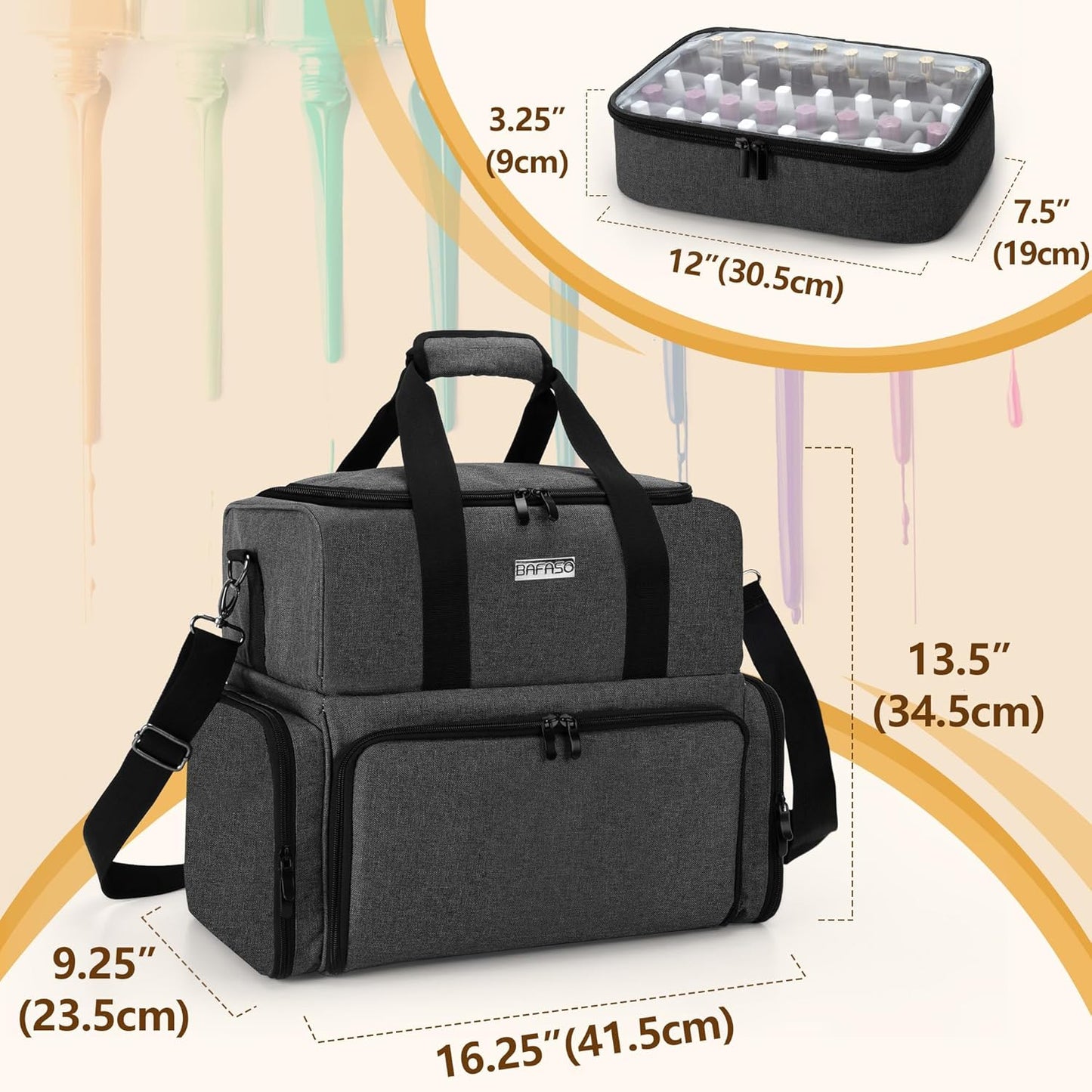 BAFASO Nail Polish Organizer Holds 80 Bottles (15ml - 0.5 fl.oz) and a UV Nail Lamp, Nail Polish Case with 2 Removable Pouches and Manicure Tools Storage Sections (Patented), Black