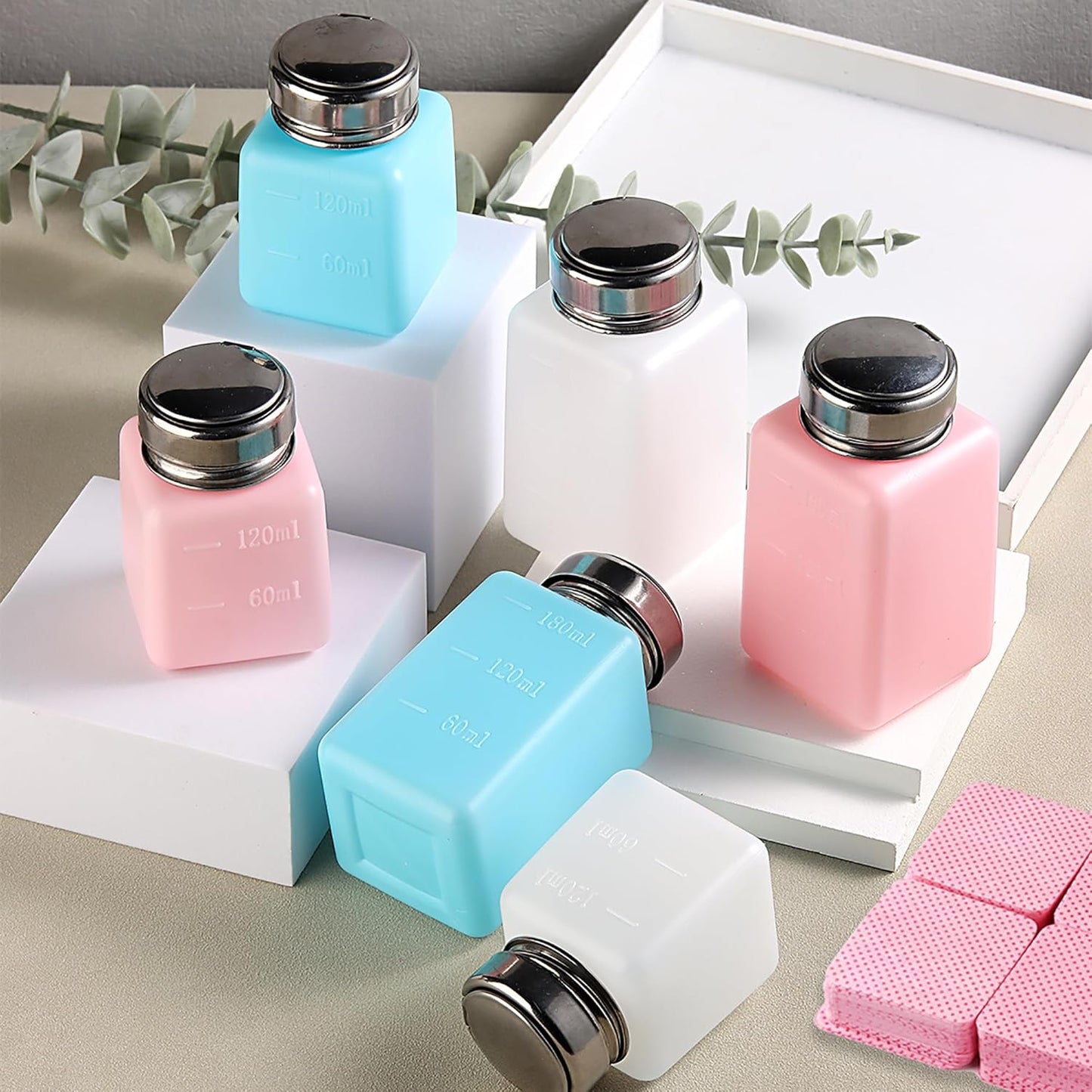 Pump Bottle Dispenser 180ml Nail Polish Remover Pump Metal Push Down Pump Dispenser 200Pcs Lint Free Nail Wipes Alcohol Dispenser Eye Makeup Remover Pump Push Down Empty Bottle -Blue