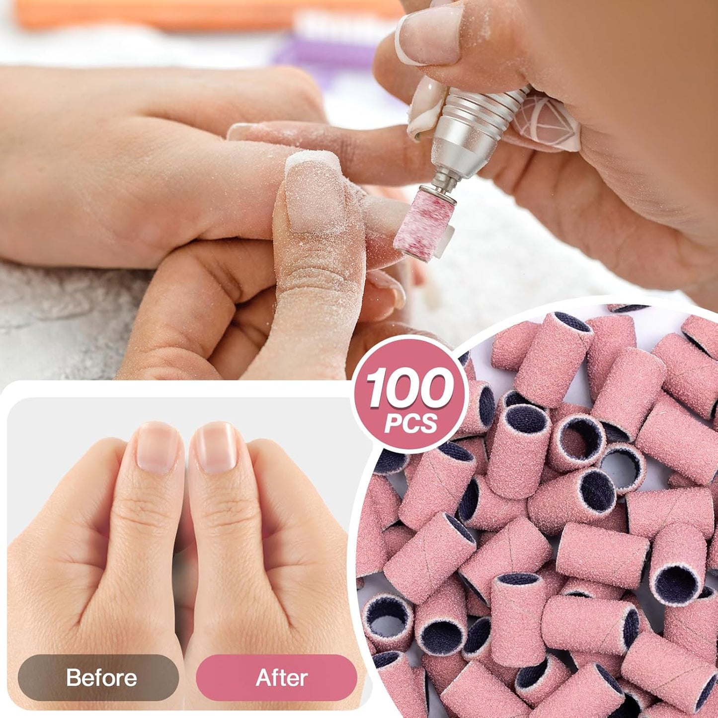 MelodySusie 100 Pcs Nail Drill Bits Sanding Bands for Nail Drill 120 Medium Grit Nail File Sanding Bands for Acrylic Nails Gel Manicures and Pedicure, Pink