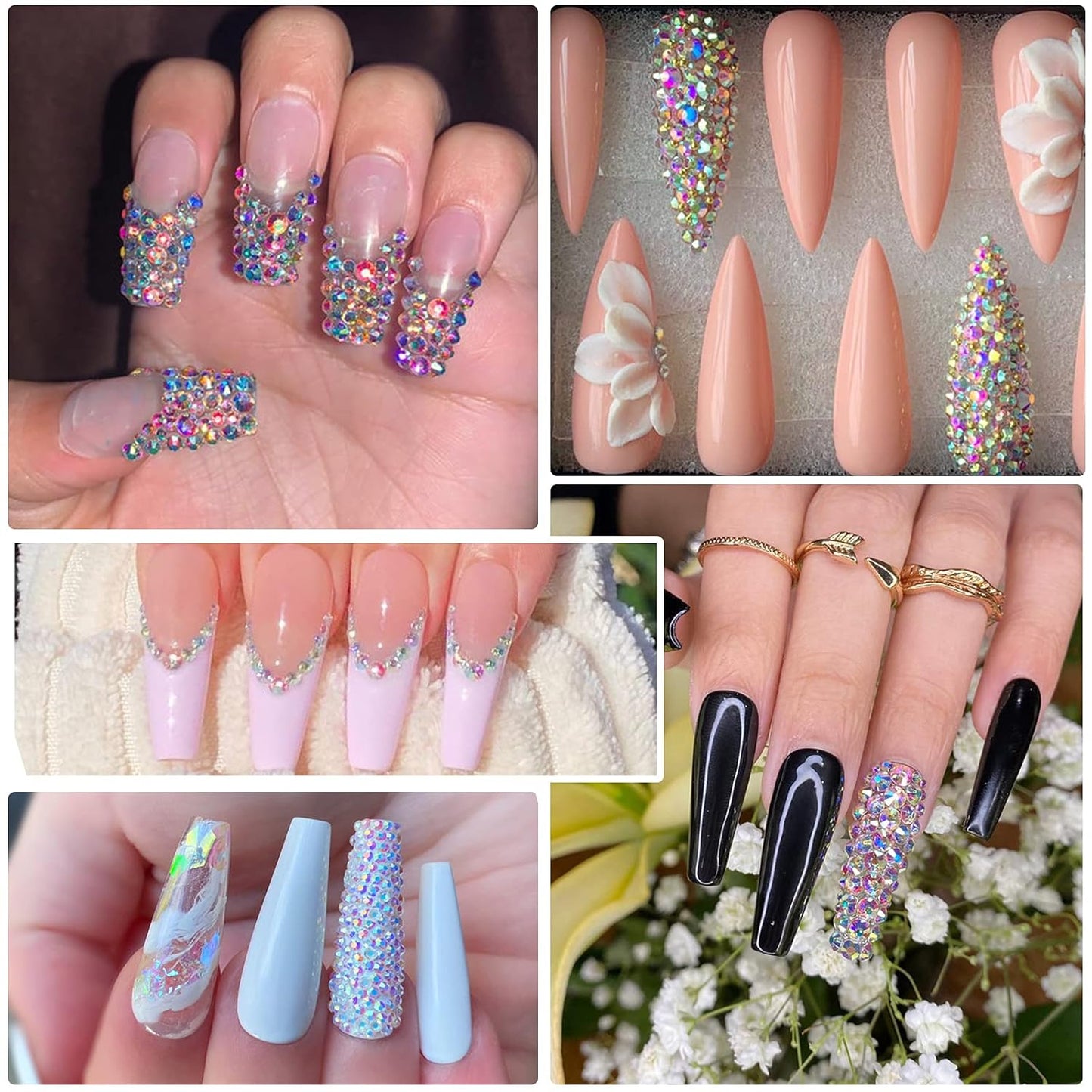 3000 Pcs Nail Art Rhinestones HUETFAT Nail Gems AB Clear Flatback Stones Crystals Mixed 6 Size Nail Diamonds with Storage Organizer Box Wax Pencil Tweezers 3D Jewels for Nail Design (AB Clear)