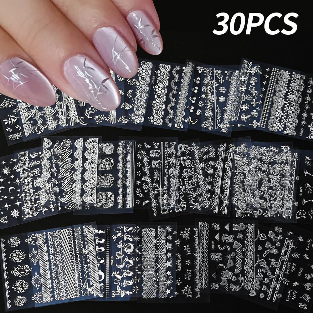 30 Sheets Silver Nail Sticker Silver Lace Nail Art Stickers Silver Retro Flower Star Moon Heart Cat Design 3D Self-Adhesive Nail Sticker Decals Nail Supplies for Women Girls DIY Nail Art Decoratio