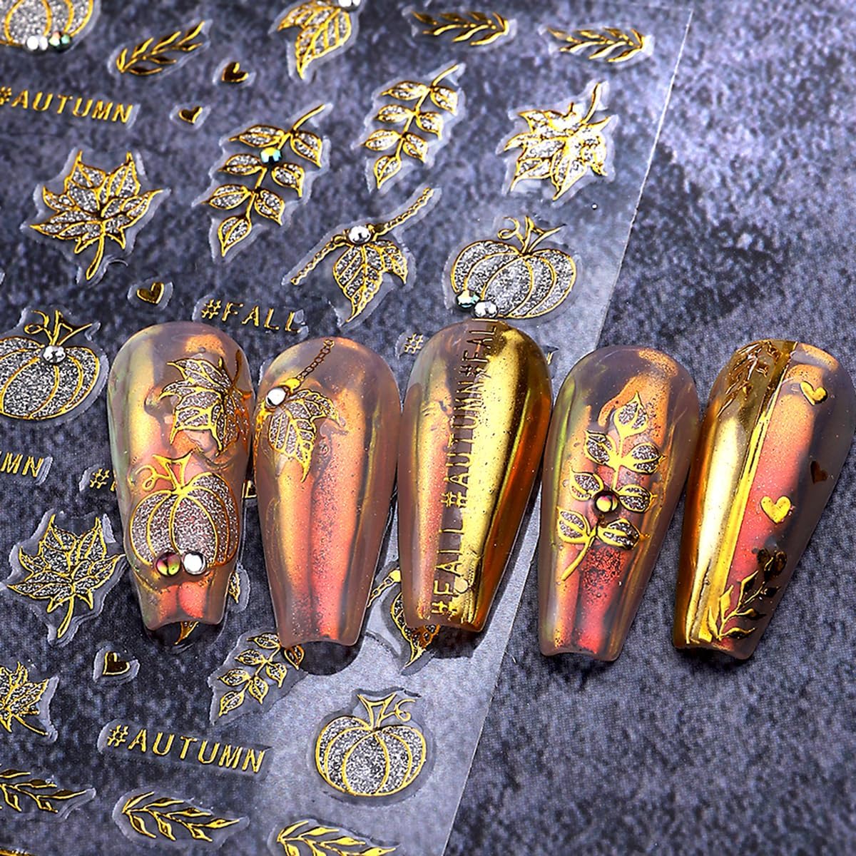 Fall Nail Art Stickers Autumn Pumpkin Maple Leaf Crystal Nail Decals 3PCS Gold Fall Leaf Pumpkin Heart Nail Design Adhesive Stickers Nail Art Supplies for Thanksgiving Day DIY Nail Decoration