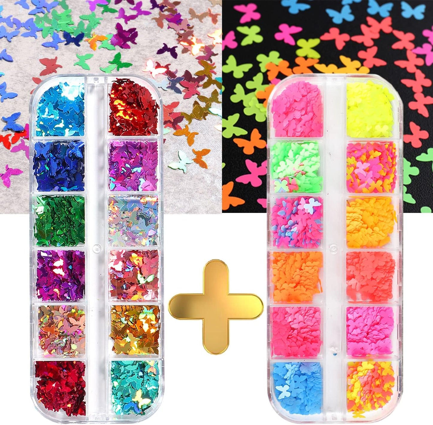 Butterfly Glitter Nail Art Sequins, 3D Fluorescent Glitters Butterflies Flakes, Holographic Neon Laser Shiny Butterfly Nail Supplies for Women Girls Manicure Charms Decorations DIY Resin Nail Art Tips