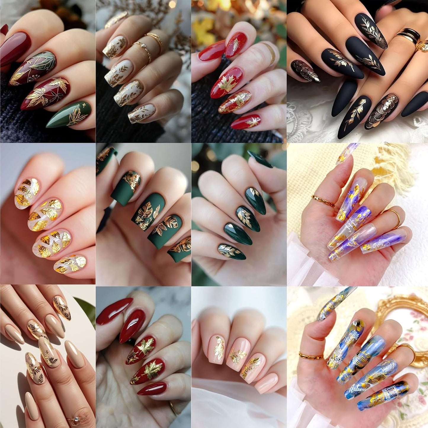 9 Sheets Bronzing Fall Nail Art Stickers 3D Glitter Metallic Maple Leaf Nail Stickers Autumn Laser White Gold Leaves Flower Nail Designs Thanksgiving Holiday Sticker for Women Manicure Tips