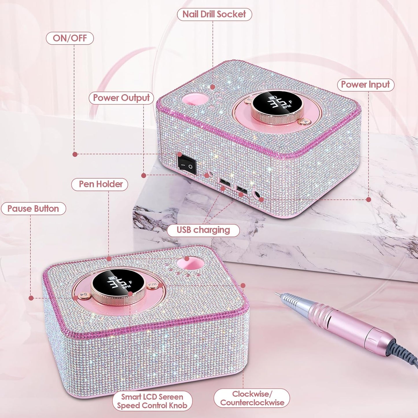 Electric Nail Drill 35000 RPM, Professional Rechargeable Nail File Kit, Nail Drill Machine, Acrylic Nail Kit for Any Manicure, Pedicure, Ideal Nail Art Tools, Designed for Salon, Home