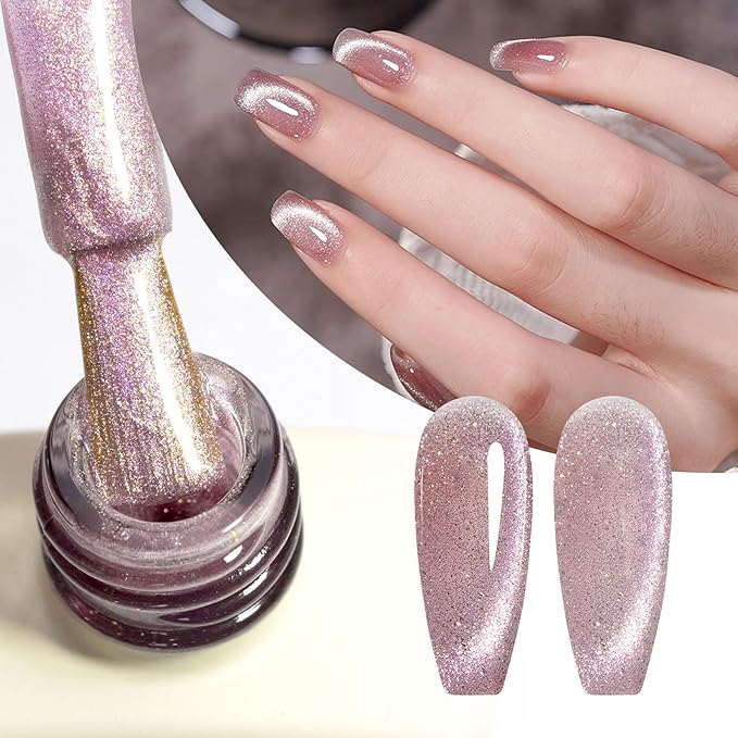 CANNI 8 Pcs 9 ML Cat Eye Gel Nail Polish Set, Pink Green Purple Silver Glitter Rainbow Holographic Cat Eye Gel Polish Kit with Magnet Shimmer Colors Nail Art Manicure Salon DIY Gifts