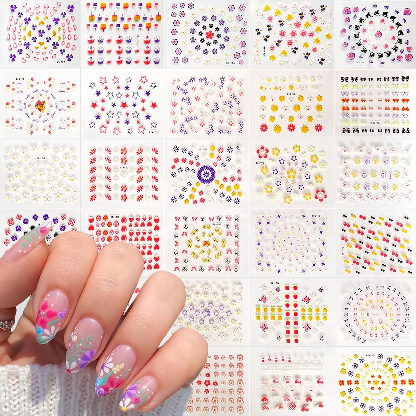 30 Sheets Flowers Nail Art Sticker Decals 3D Self-Adhesive Flower Nails Sticker for Nail Art Colorful Cute Butterfly Stars Nail Art Design Decoration Accessories for Women DIY Acrylic Nail
