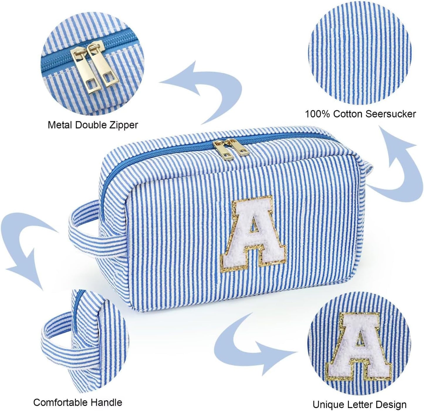 YOOLIFE Initial Cosmetic Bag for Women - Monogram Cute Blue Makeup Bag Cosmetic Toiletry Pouch Make Up Case for Women Her Best Friend Friendship Sister Teacher, Personalized Birthday Gifts for Women I