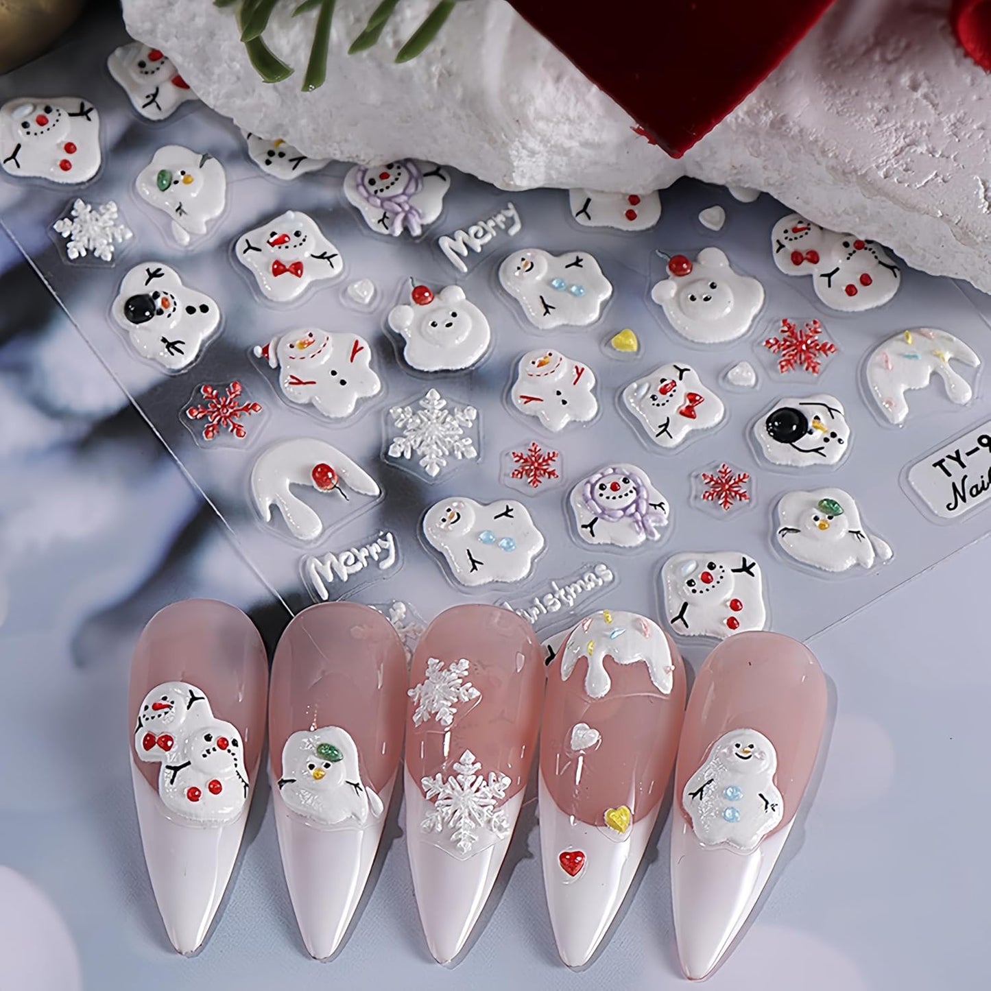 Christmas Nail Art Stickers 5D Embossed Nail Decals Xmas Snowman Winter Red and White Snowflake Design Nail Stickers Decoration for Women Girls 1 Sheet
