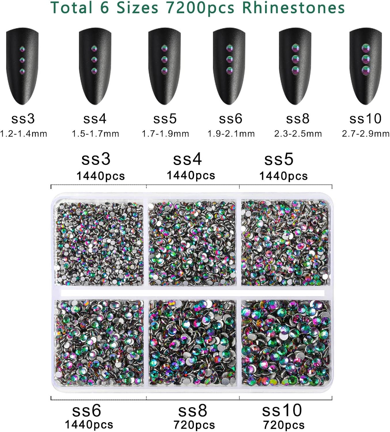 Beadsland 7200pcs Flatback Rhinestones,Green Rhinestone Nail Gems Round Crystal Rhinestones for Crafts,Mixed 6 Sizes with Wax Pencil Kit, SS3-SS10,Green Volcano