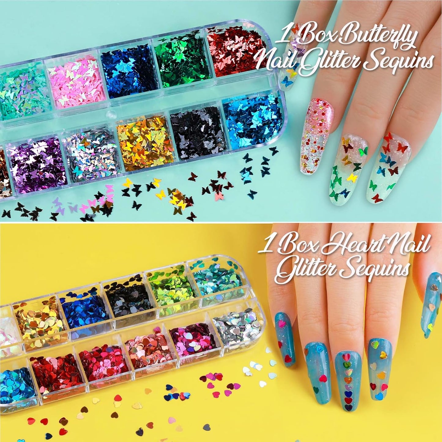 Nail Art Sticker, 12 Sheets Nail Art Stickers Flower Nail Stickers Decal 3D Self-Adhesive, Teenitor Nail Art Decoration with Nail Glitter Butterfly Sequins Nail Foils Nail Flower Slices