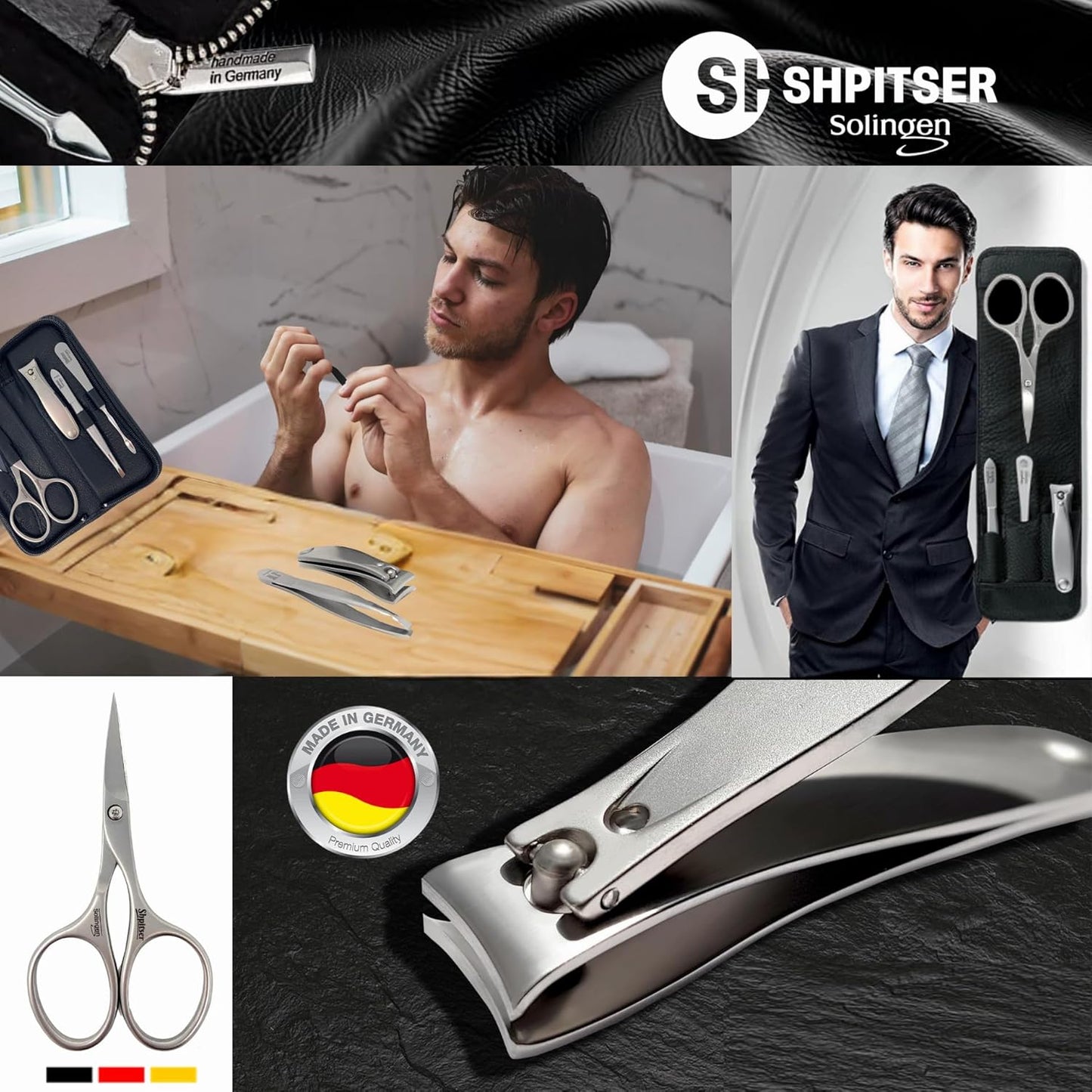 Professional Manicure and Pedicure Set of 5 Surgical Stainless Steel Instruments, Made in Solingen, Germany, Luxury Topinox Grooming Kit In Full Grain Nappa Leather Case