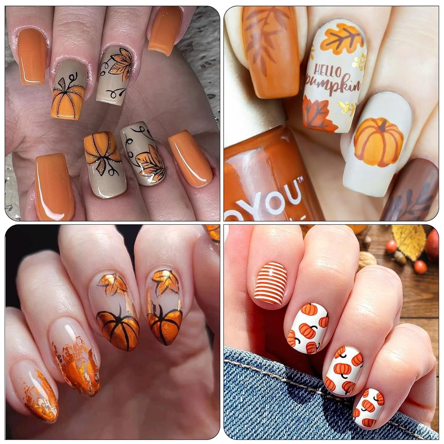 8 Sheets Fall Nail Stickers - Autumn Pumpkin Leaf Floral Self-Adhesive 3D Nail Decals for Women Girls DIY Thanksgiving Day Manicure