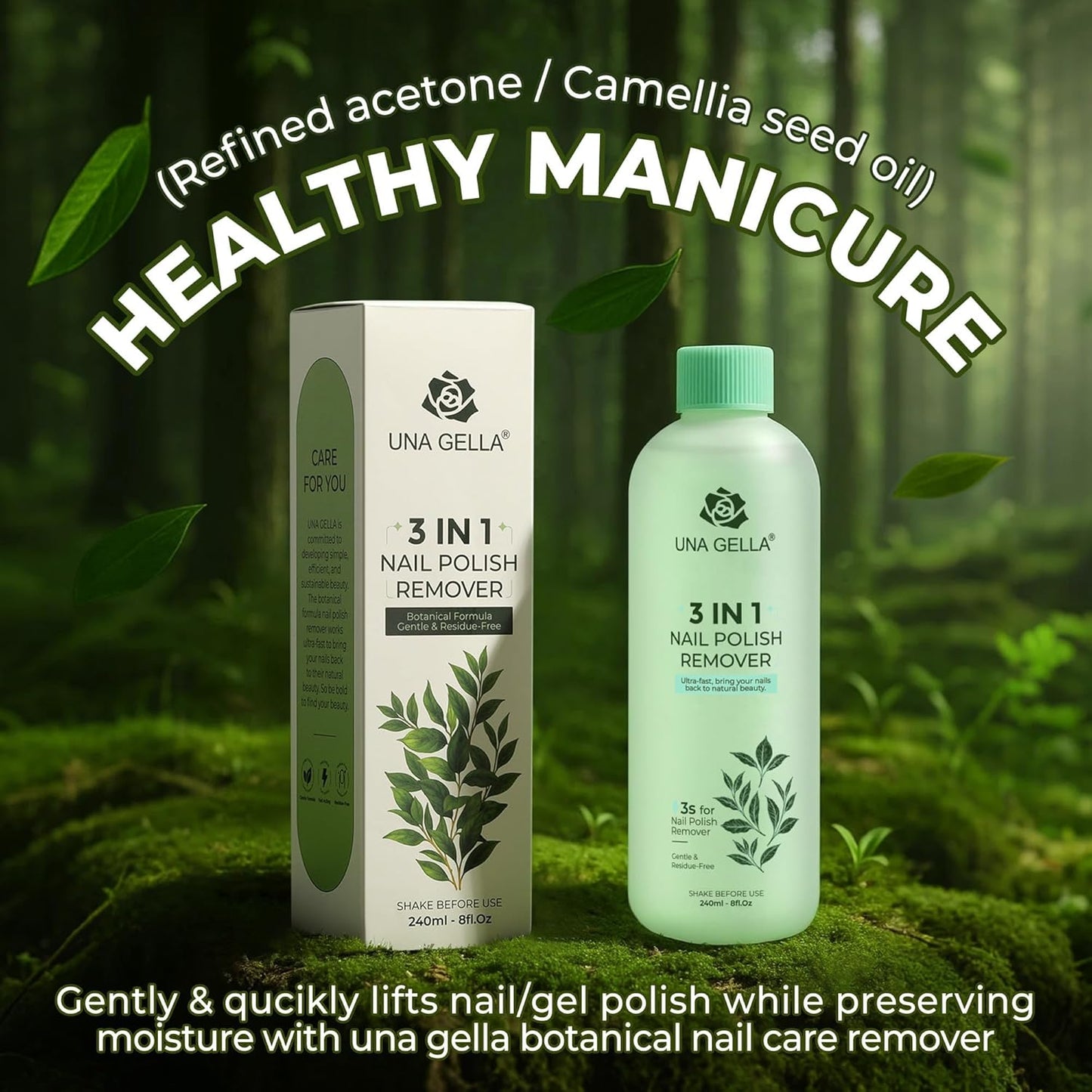 UNA GELLA Nail Polish Remover, Soak Off Acetone Polish Remover For Nails With Easy Use Cap, Healthy Formula Works For Nail Glue 8 Fl Oz, Green Tea Scent