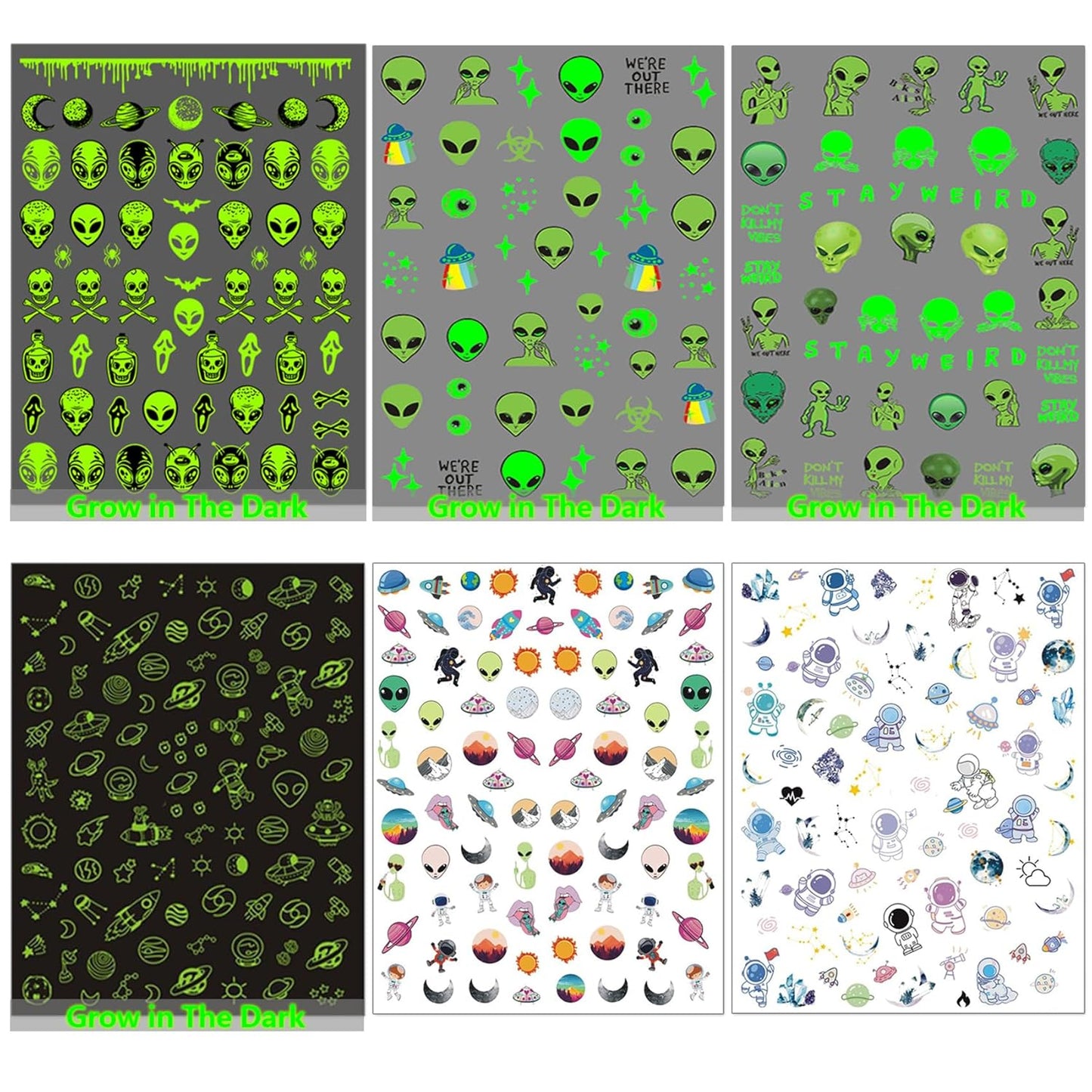 Alien Nail Art Stickers - Glow in The Dark ET UFO Astronaut Rocket Design Self-Adhesive Nail Decals for DIY Extraterrestrial Space Moon Star Manicure (6 Sheets)