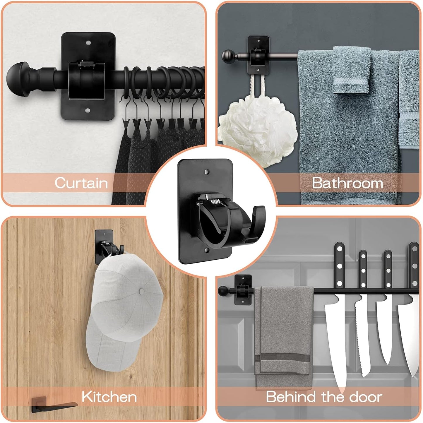 CIEMGNZOC 4 PCS Curtain Rod Bracket Holder, Universal Self Adhesive Wall Mount fits Support Curtain 0.6'' to 1.5'' Curtain Rod, Curtain Rod Hooks for Bathroom Kitchen(Curtain Rod Not Included)(Black)