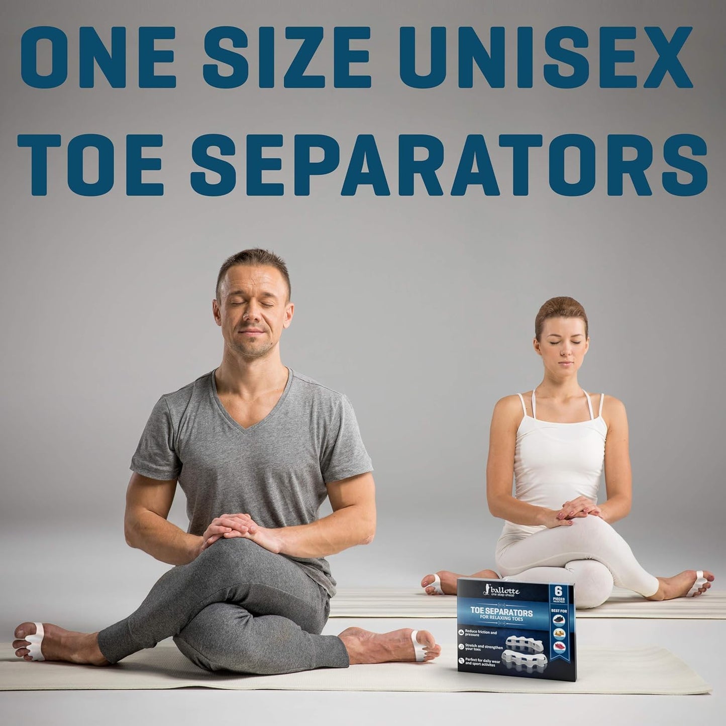 Ballotte Toe Separators, Silicone Toe Spacers for Bunions and Overlapping Hammer Toes, Athletic Tootsie Spacers for Running and Yoga, Foot Finger Splitters for Men & Women (Toe Seperators (White 6-Pack))