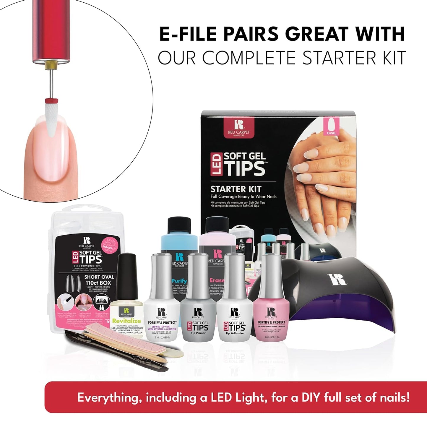 RC Red Carpet Manicure E-File Electric Nail File - Lightweight, Portable Nail Drill, Shaping, Filing, Gel Removal - 12 Interchangeable Bits & 6 Sanding Bands.
