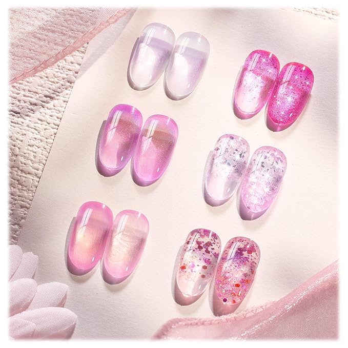 Beetles Pink Gel Nail Polish Set - 6 Colors Shimmer Nail Polish Nail Kit Hot Pink Pearl White Glitter Color Gel Pink Reverie Collection Soak Off Uv LED Nail Lamp Gift for Women & Girls