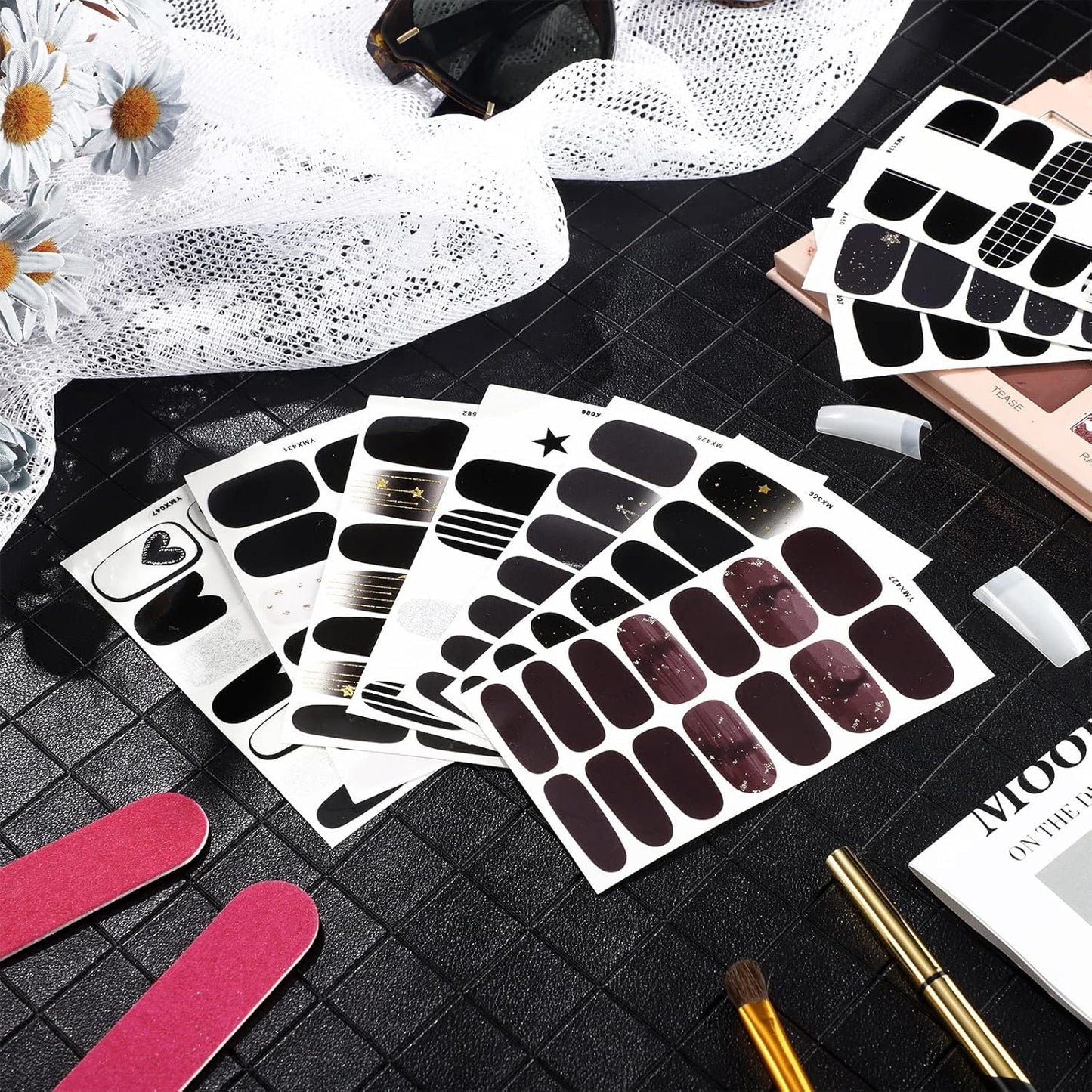 140 Pcs 10 Sheets Black Full Wrap Nail Stickers Polish Strips Gradient Stickers Glitter Self Adhesive DIY Art Decals Strips with 2 Pcs Nail Files for Halloween Decor (Retro Style)