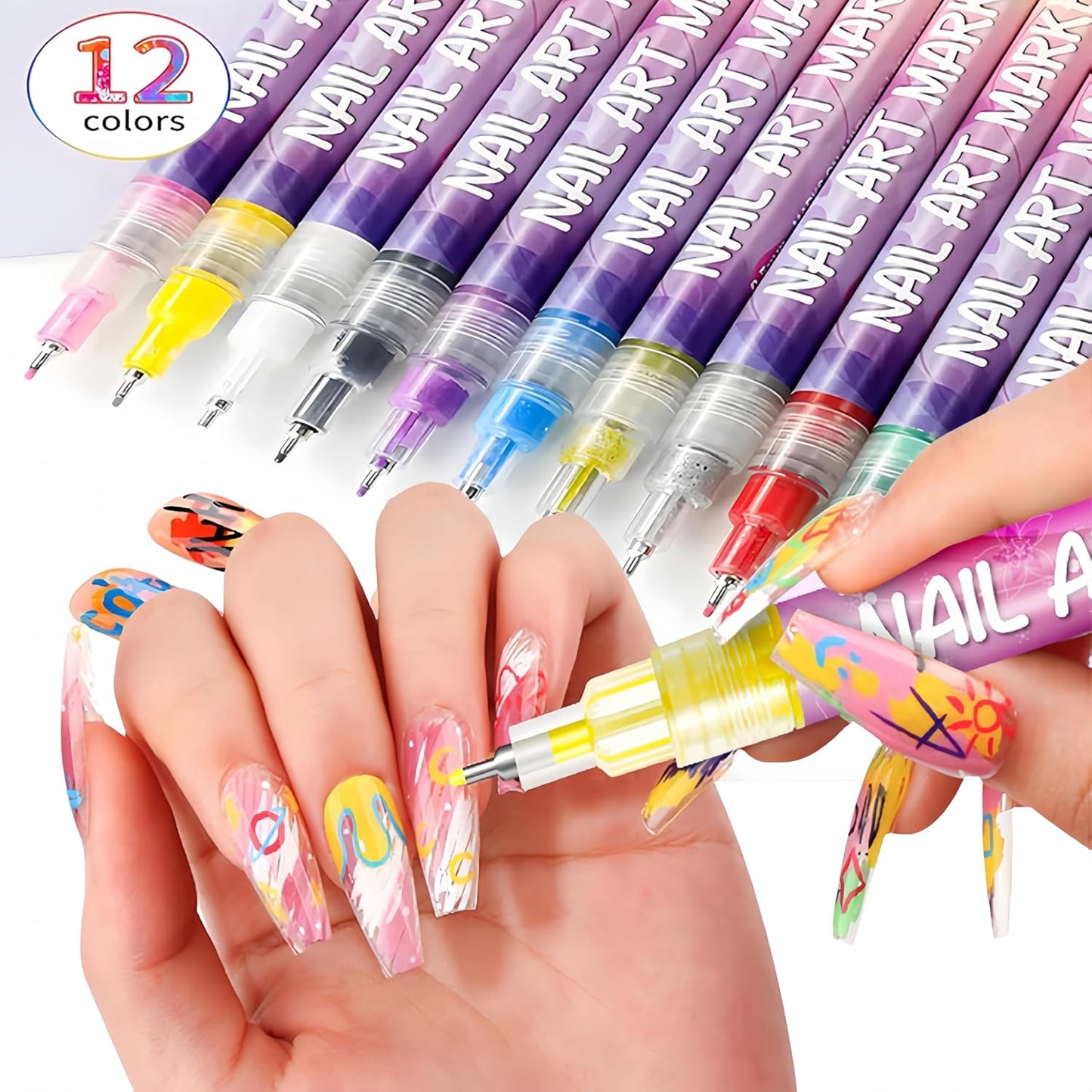 Nail Art Markers, 24 Colors Gel Nail Art Pens Set with Fine Tips for DIY Drawing Painting 3D Nail Polish, Quick Dry Graffiti Dotting Point Liner Drawing Tools