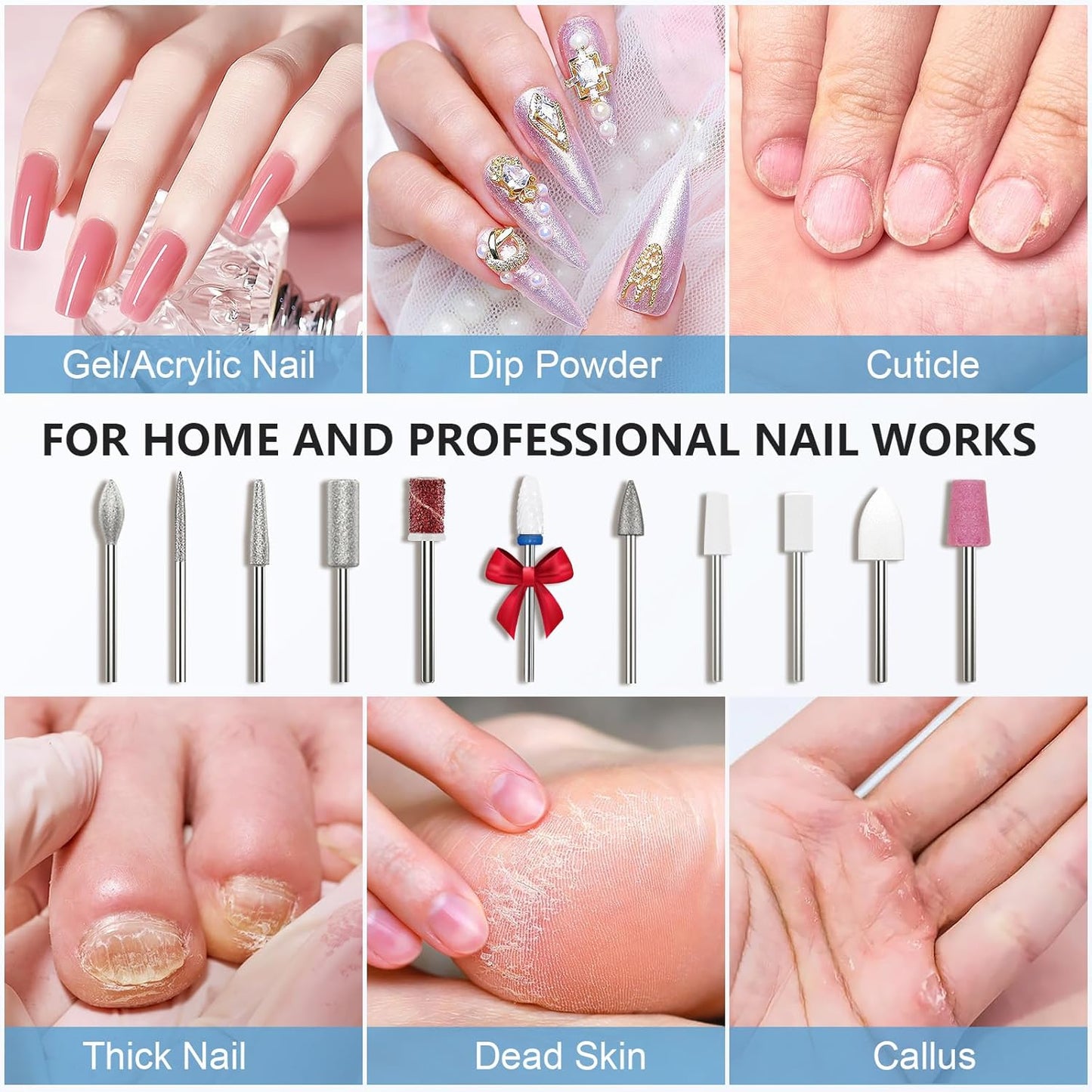 Kredioo Electric Nail Drill Professional for Salon Use 35000RPM Efile File Kit for Gel Nails Polish Remover with 11 Bits and Sanding Bands Build-in Bit Holder -Silver
