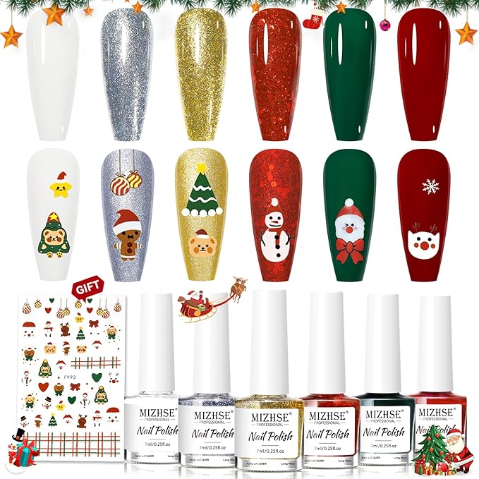 MIZHSE Quick Dry Nail Polish Set with Sticker, 6 Colors Red Green White Gold Sliver Sparkle Polish, Fast Drying Nail Polish Set Winter Manicure Christmas Gift for Women