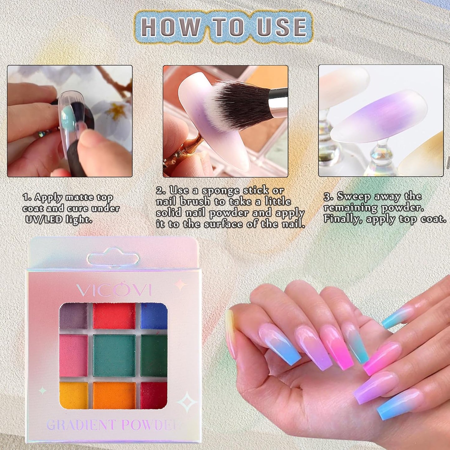 Nail Pigment Palette - 9 Colors Gradient & Solid Neon Ombre Pigment Powder Set - Includes 5 Sponge Sticks & 1 Brush - Perfect for Beginners