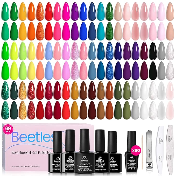 Beetles Gel Nail Polish Set 60 Colors Fall Uv Gel Polish Kit Jelly Brown Glitter Nude Pink White Red Blue Green Color Nail Polish Base &Glossy Matte Top Coat Gift for Her Women