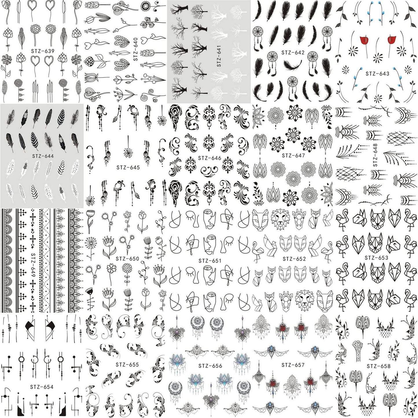 40 Sheets Flowers Nail Art Stickers, Holographic Flower Leaf Butterfly Pendant Necklace Feather Animal Line Nail Art Decals, Floral Resin Water Transfer Decal for Women Manicure Charms Decorations