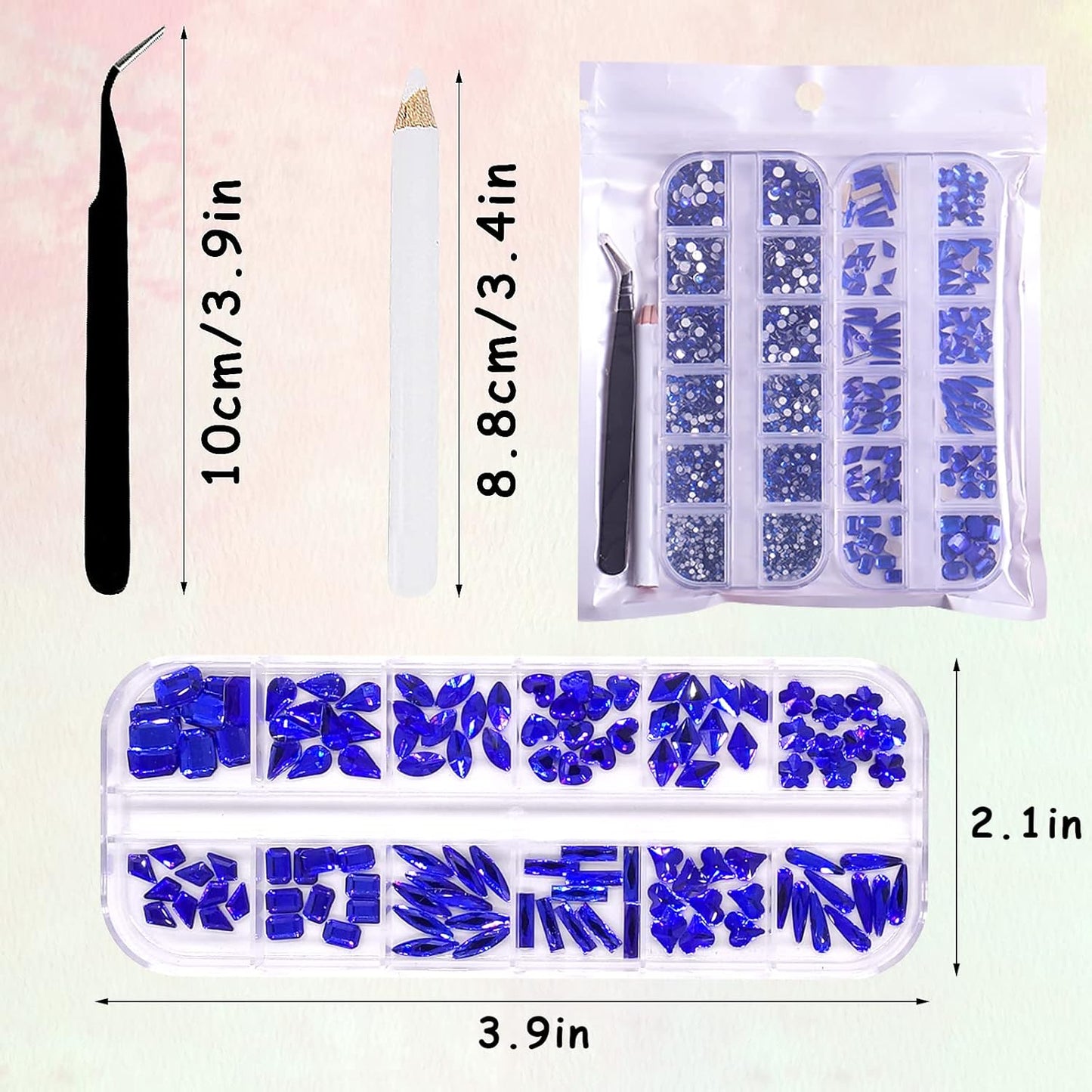 HOINCO Rhinestones, 3120Pcs Sapphire Blue Crystal Glass for Nail Art Craft & DIY, Mix Sizes 12 Shapes with Wax Pen & Tweezers