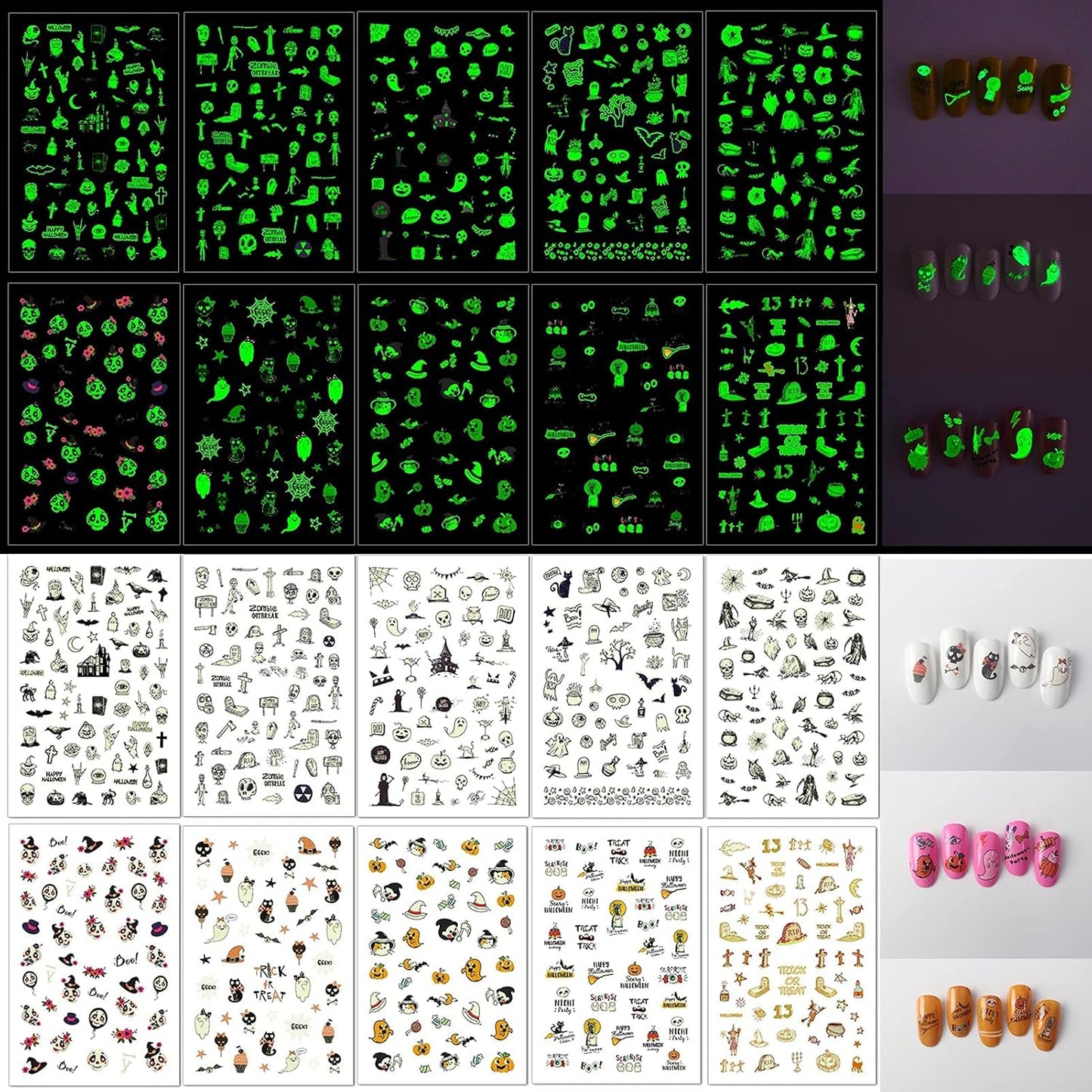 TailaiMei 10 Sheets Glow in The Dark Halloween Nail Stickers, Fluorescent Design Kids Nail Decals, Self-Adhesive DIY Nail Art Tips for Women Manicure