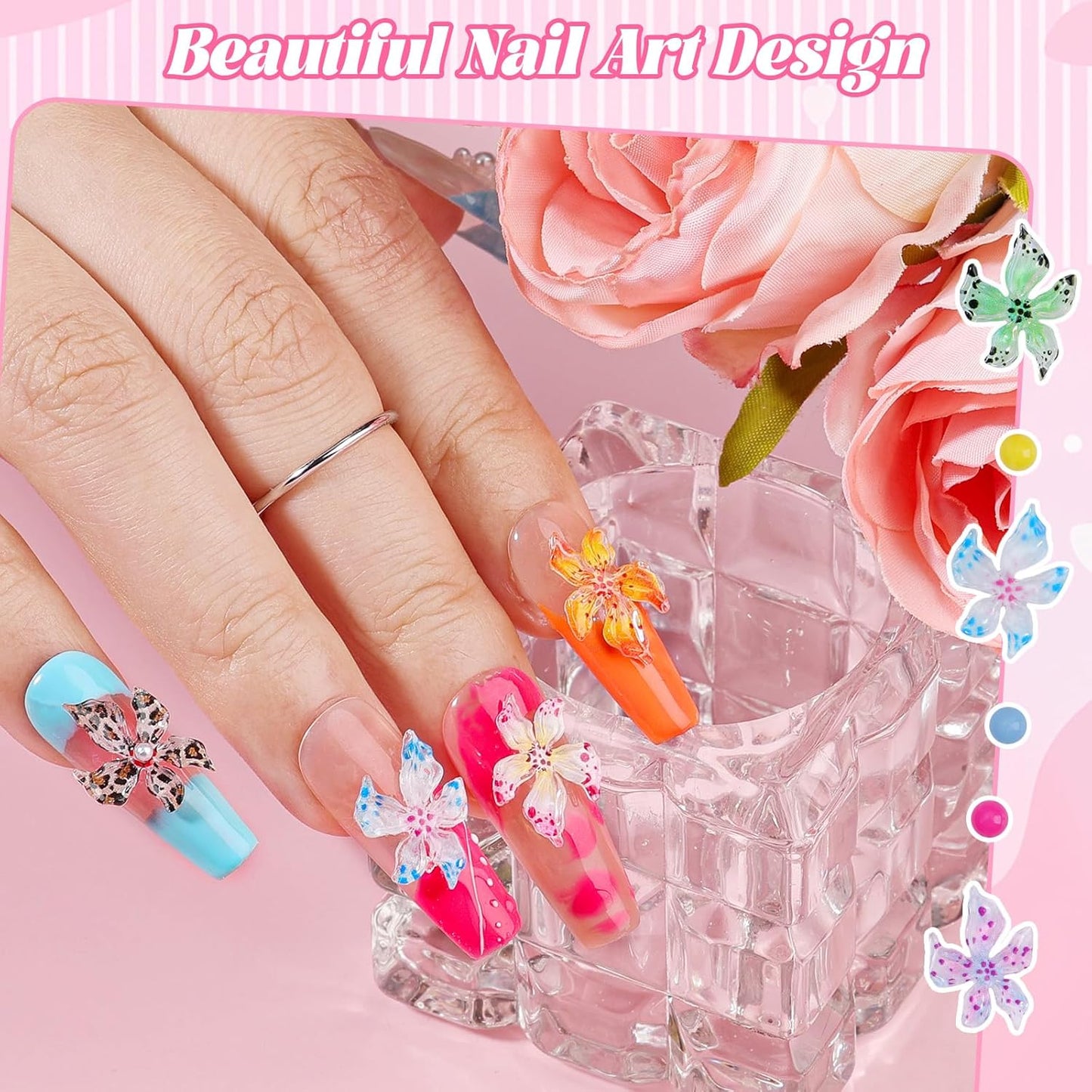 300Pcs Flower Nail Charms Kit, 100Pcs 3D Hawaii Flowers and 100Pcs Nail Pearls with 100Pcs Macaron Beads, Colorful Hibiscus Floral Charms Tiny Gems Round Beads for Nails Designs DIY Crafts