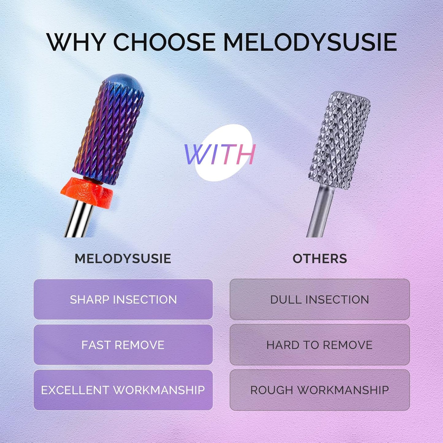 MelodySusie 3Pcs Nail Drill Bits Set, 3/32'' Carbide Tungsten Bits, Long Flame, Smooth Round Top Small Barrel and Tapered Nib Bits, Suitable for Manicure Pedicure Cuticle Gel Acrylic Remover, Purple