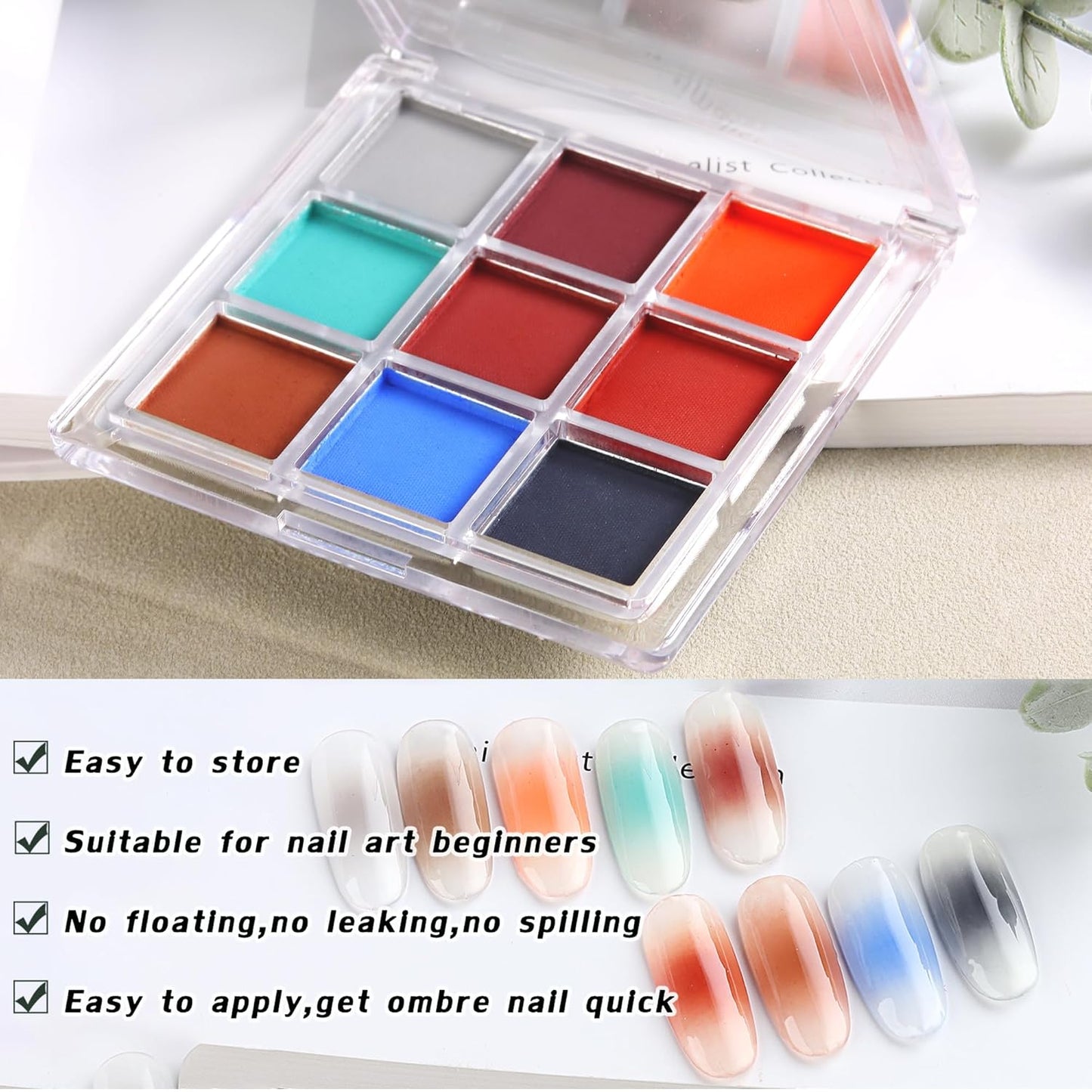 Nail Powder Pigment Palette - 9 Colors Ombre Gradient Nails - Ultra Fine Powder - Includes 5 Sponge Sticks, 1 Brush