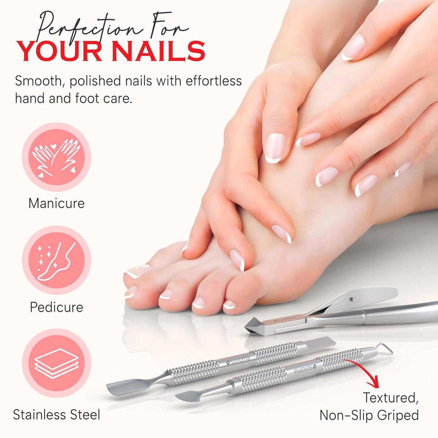 Suvorna Cuticle Nippers with Cuticle Pusher, Nail Scraper and Gel Remover – Professional Stainless Steel Cuticle Trimmer Set for Manicure - Cuticle Set for Fingernails and Dead Skin (Silver, 3 PCS)