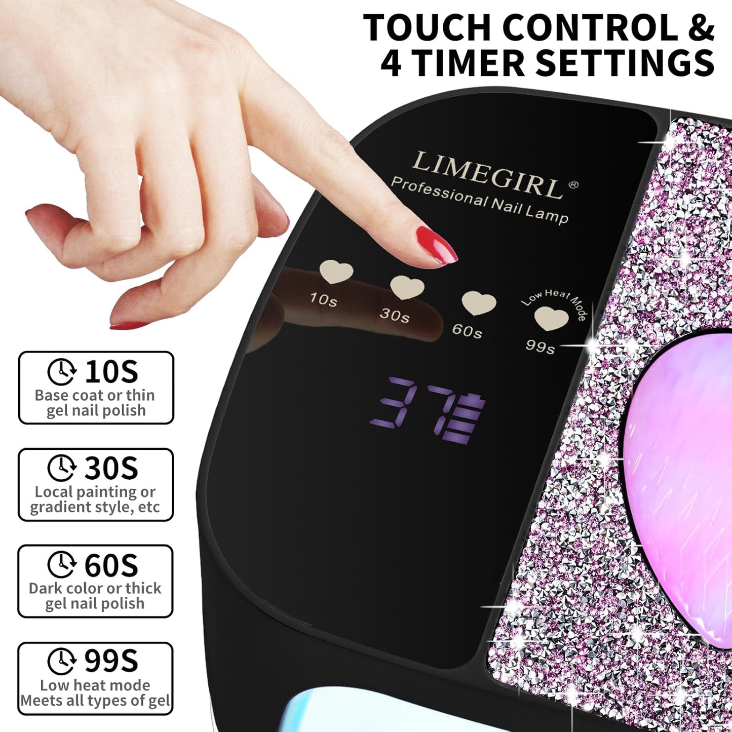 LimeGirl UV LED Nail Lamp Kit for Gel Polish Professional Fast Curing Black Dryer Light Set with 4 Timer Settings Cordless Rechargeable Nail Art Cure Machine for Manicure Pedicure at Home and Salon