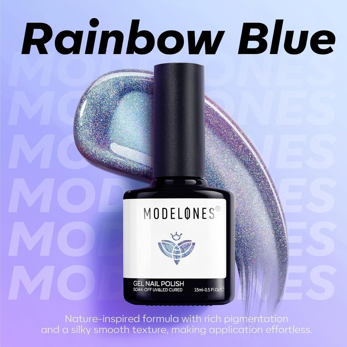 modelones 9D Magnetic Cat Eye Gel Nail Polish, 15 ML Glitter Holographic Glass Rainbow Gel Polish Blue Purple Shimmer Reflective Iridescent Soak Off U V LED Summer Nails Top Coat for Women Girl