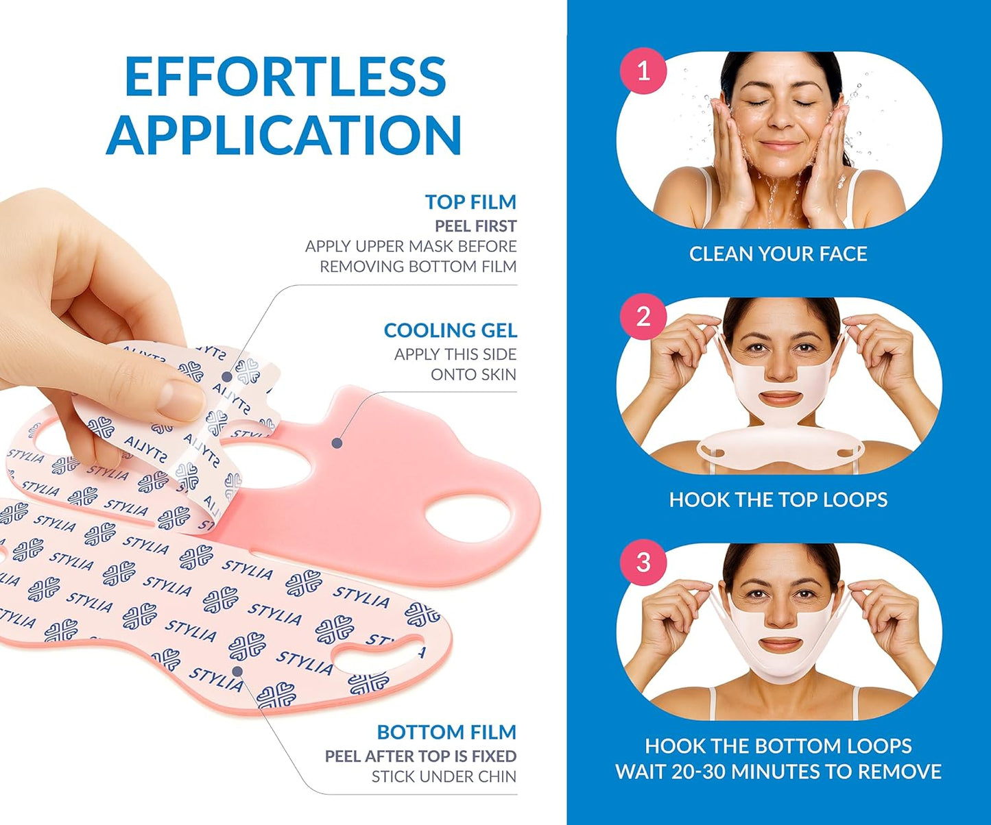 Stylia MaxiLift V-Line Lifting Collagen Face Mask - Advanced Double Chin Reducer - Jawline Shaper - Neck Firming and Tightening Mask with Hyaluronic Acid & Aloe Vera - Chin Strap for Sleeping (10PC)