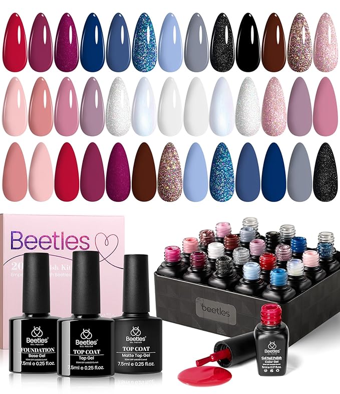 Beetles 4th of July Gel Nail Polish Set 20 Colors Red Blue White Nails with No Wipe Base and Glossy & Matte Top Coat for Soak-off UV Light Gel Nail Art Manicure Set DIY at Home Gifts for Women Girls
