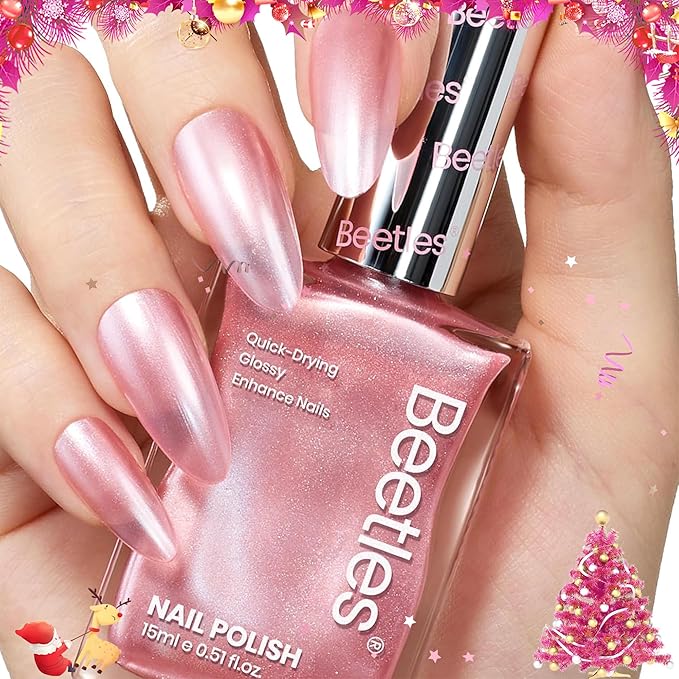 Beetles Pink Nail Polish - 15ML Quick Dry Nail Polish Romantic Reverie Pink Rose Pearl Nail Lacquer Shimmer Fingernail Polish Art Effect for Nail Salon-Quality