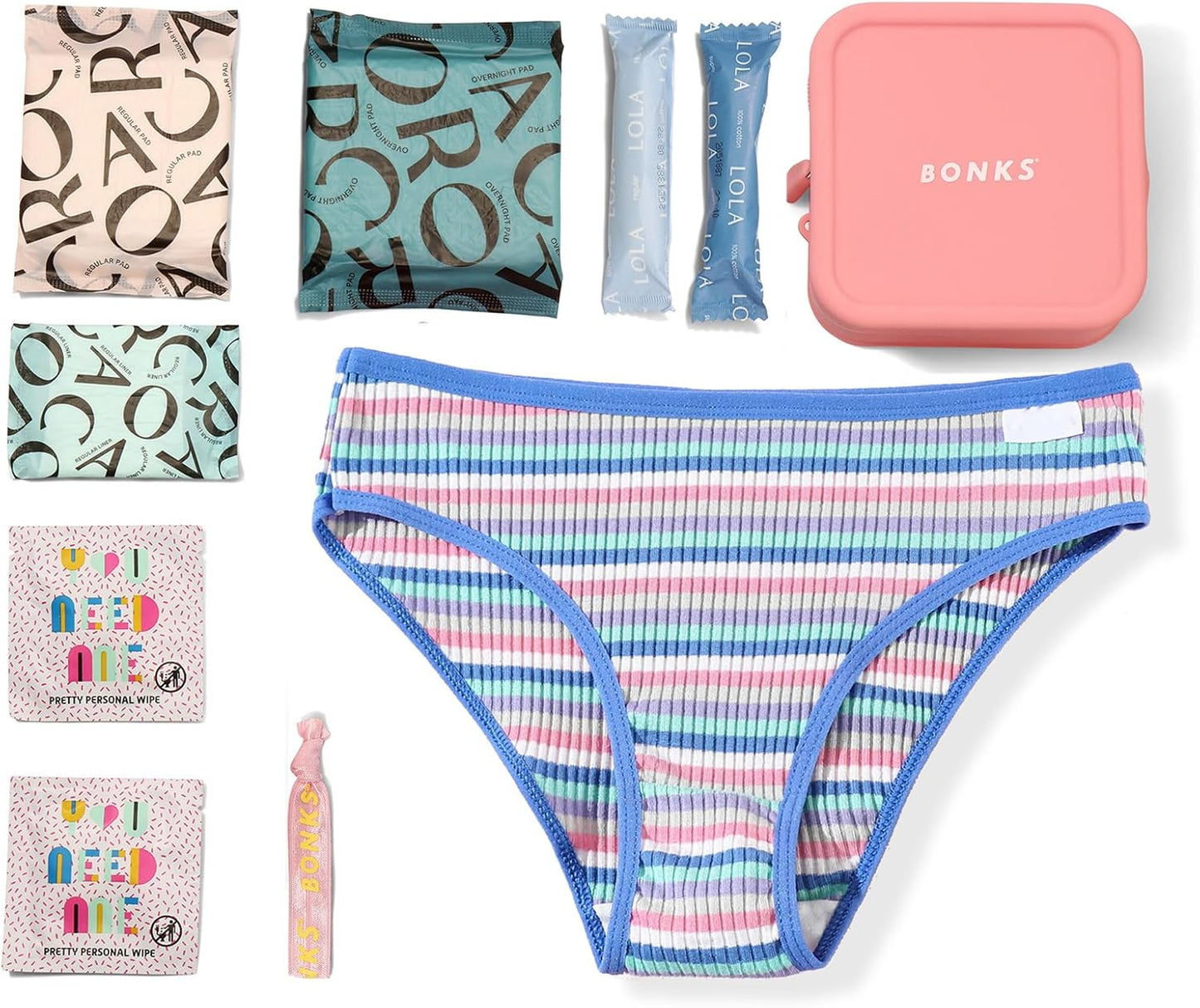 BONKS GoGo Kit - Emergency Tween Period Kit - Portable Menstrual Pouch for Women - Essential Women's Travel Kit - Includes Pads, Tampons, Underwear & More - Female Hygiene Care - S/M (12-14)
