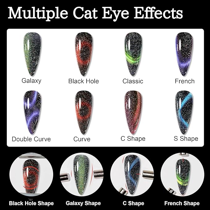 9D Cat Eye Gel Nail Polish, 7.5ml*6 with Magnets Stick, Galaxy Chameleon Effect Silky Cat Eye Nail Gel Soak Off Nail Art Salon Manicure Home Ladies Gift Nail Art DIY at Home Diy
