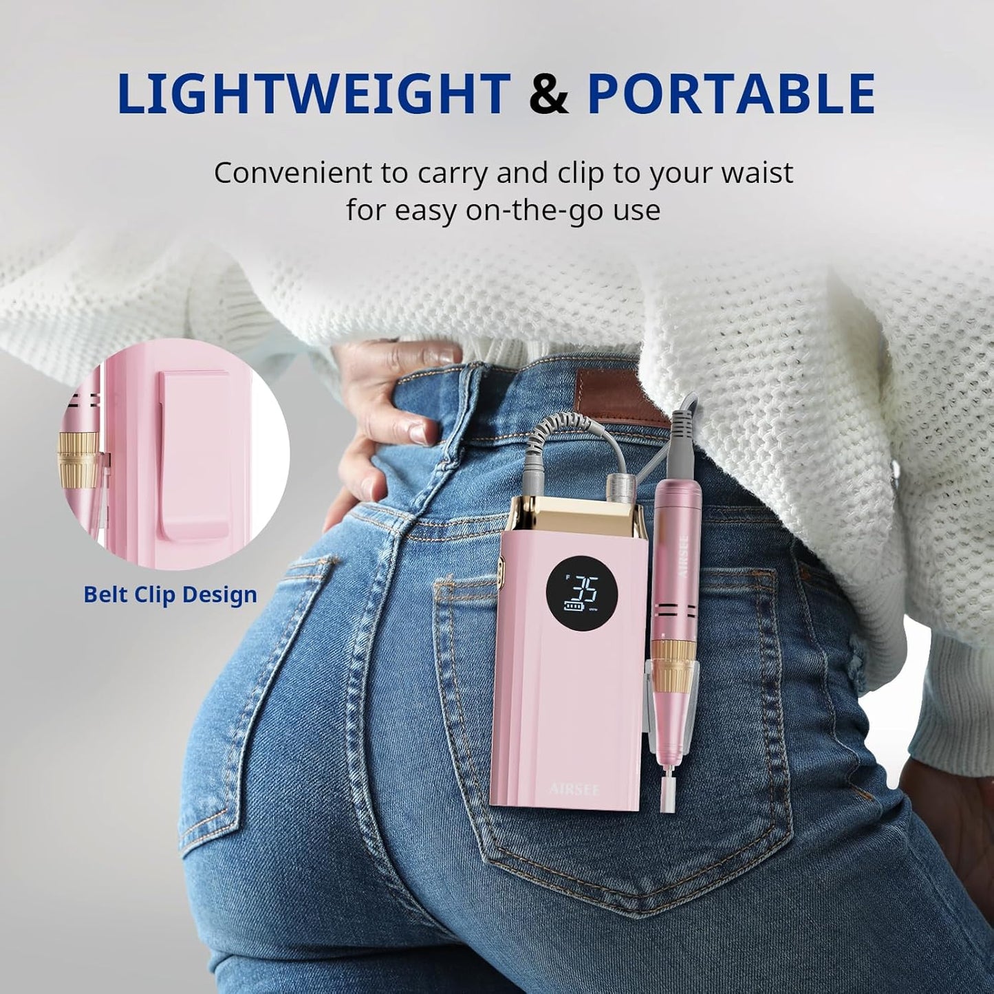 AIRSEE Professional Portable Nail Drill 35000RPM,Rechargeable Cordless Nail Drill for Manicure Salon Home, Eletric NALI E File for Acrylic Nails Gel Polishing Removing, EW4 Pink