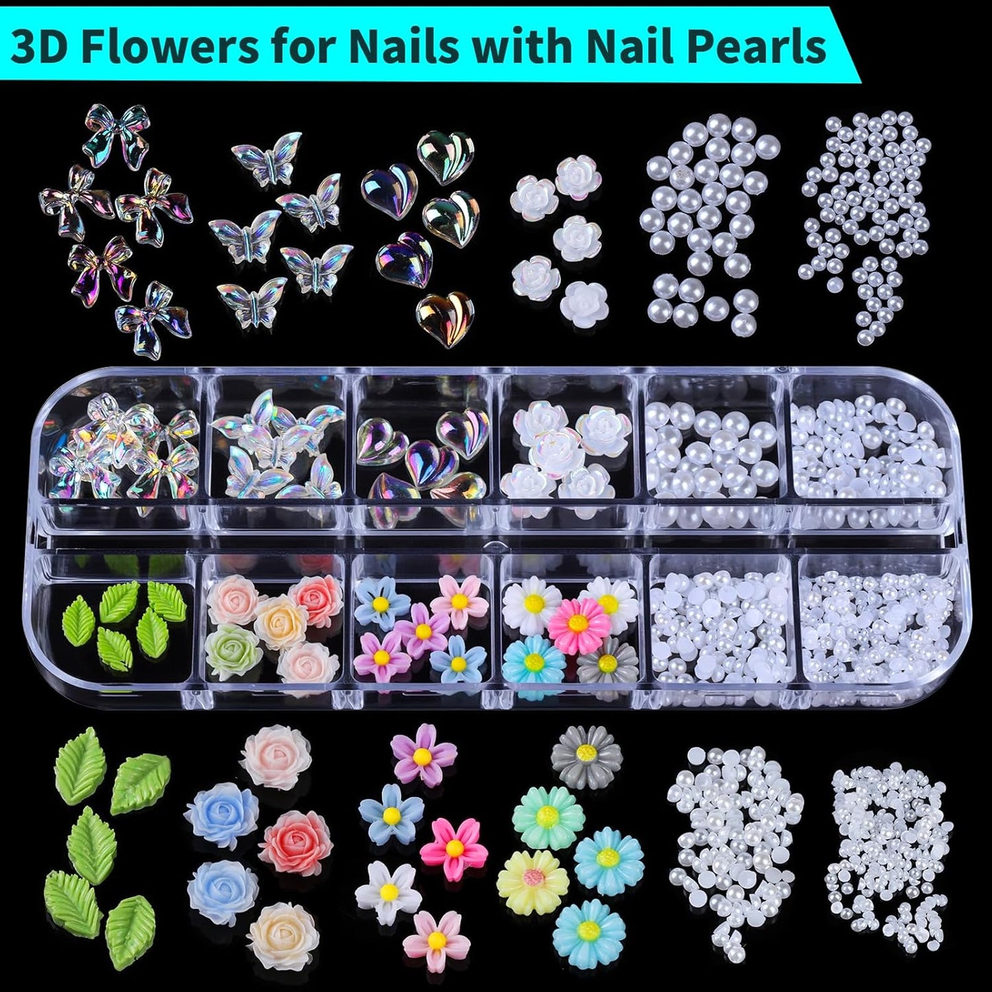 Teenitor Nail Charms and Gems Nail Art Tools, 3 Box 3D Flower Nail Charms for Nails Design Tools, Nail Pearls Nails Supplies, Butterfly Bow Nail Charms Nail Decor 3D Nail Art Kit