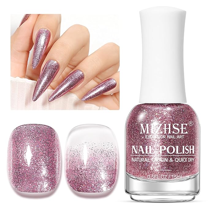 MIZHSE Quick Dry Glitter Pink Nail Polish, Shimmery Nail Polish Air Fast Drying, 15ml High Glossy Sparkly Shiny Nail Lacquer Nail Art Salon Manicure Home