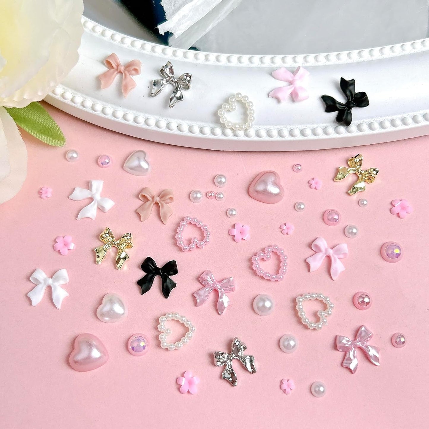 Gold Bow Nail Charms Kit, Cute Pink Flowers Bows 3D Nail Charms for Nails Decoration, White Flatback Pearls Heart Nail Art Jewels for Women Manicure DIY Crafts Accessories
