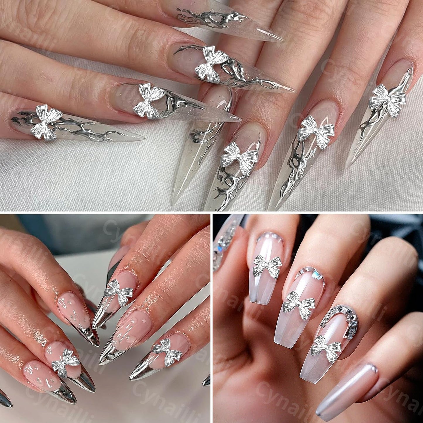 80 Pcs Silver Alloy Bow Nail Charms, 3D Metal Bowknot Nail Jewelry, Nail Art Design DIY Accessories